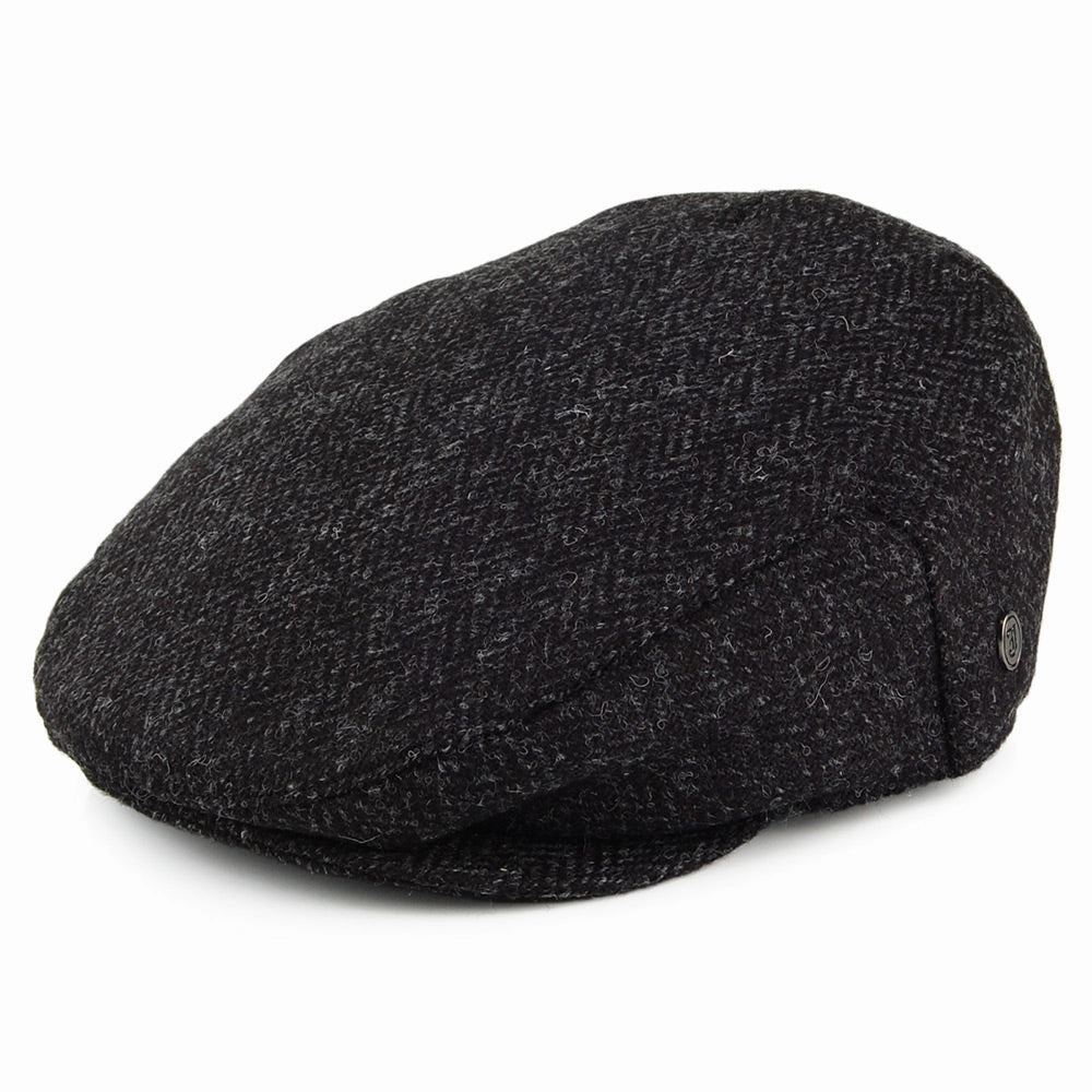 HARRIS TWEED Herringbone Dunvegan Flat Cap - Black-Charcoal