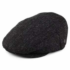 HARRIS TWEED Herringbone Dunvegan Flat Cap - Black-Charcoal