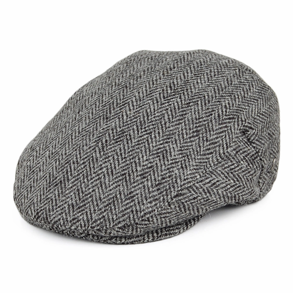HARRIS TWEED Herringbone Kinloch Flat Cap - Black-Grey