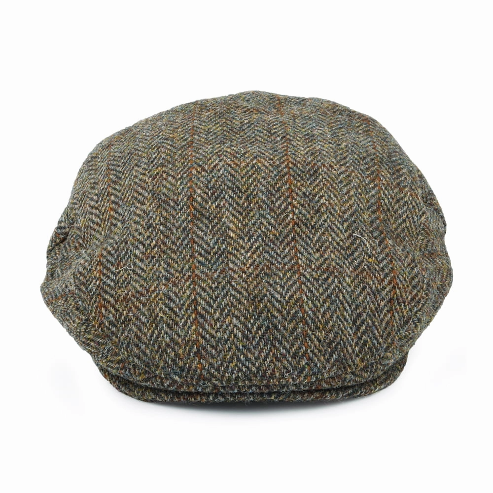 HARRIS TWEED Herringbone Lundale Flat Cap - Olive-Brown