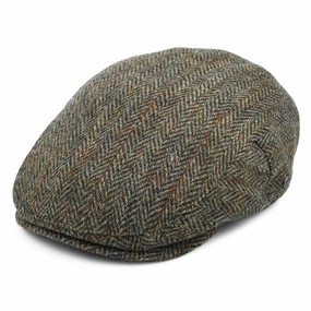 HARRIS TWEED Herringbone Lundale Flat Cap - Olive-Brown