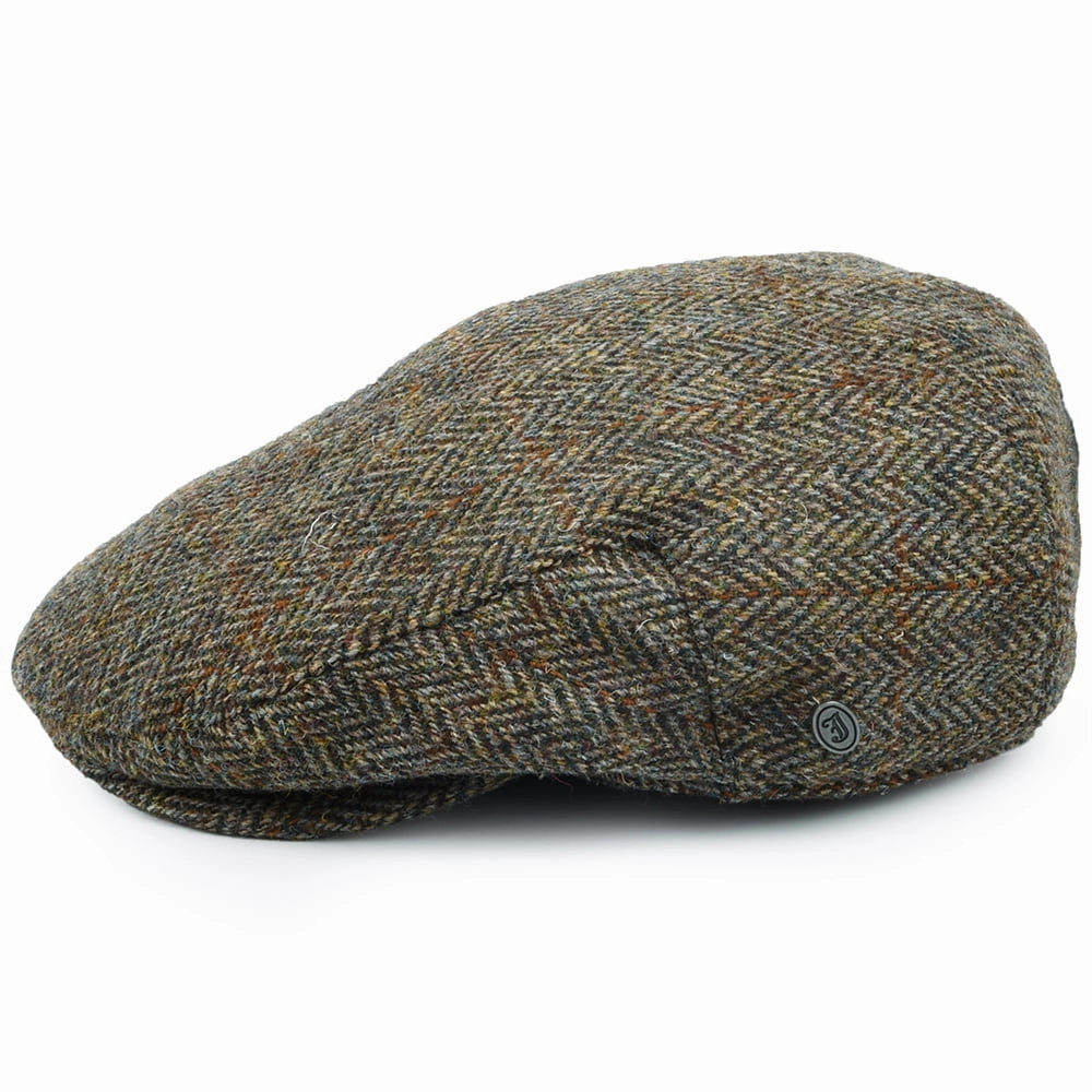 HARRIS TWEED Herringbone Lundale Flat Cap - Olive-Brown