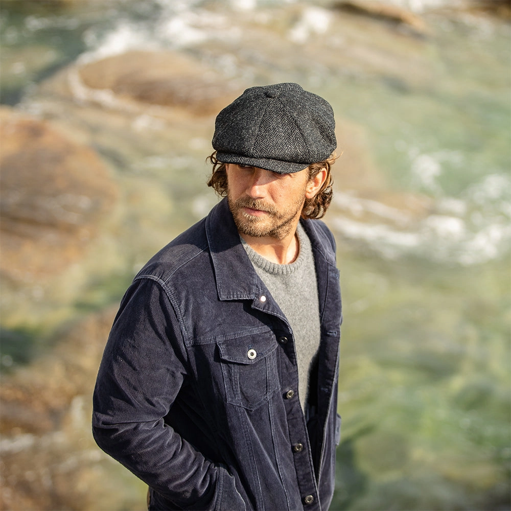 HARRIS TWEED Taransay Newsboy Cap - Black-Charcoal