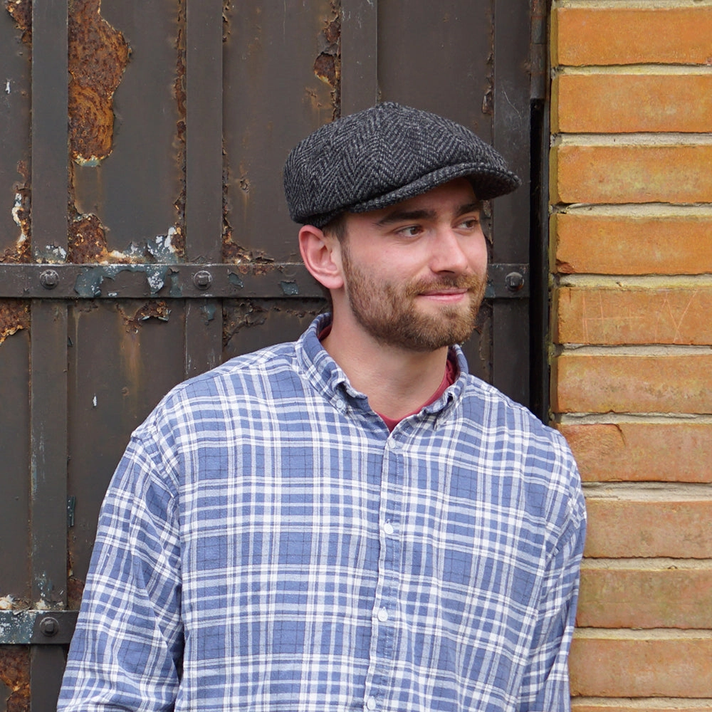 Heavyweight Donegal Tweed Herringbone Glencoagh Newsboy Cap - Black-Charcoal