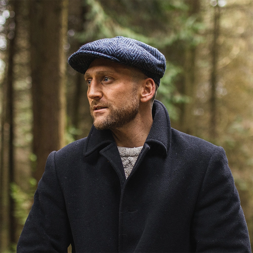 Heavyweight Donegal Tweed Herringbone Pettigo Newsboy Cap - Navy-Black