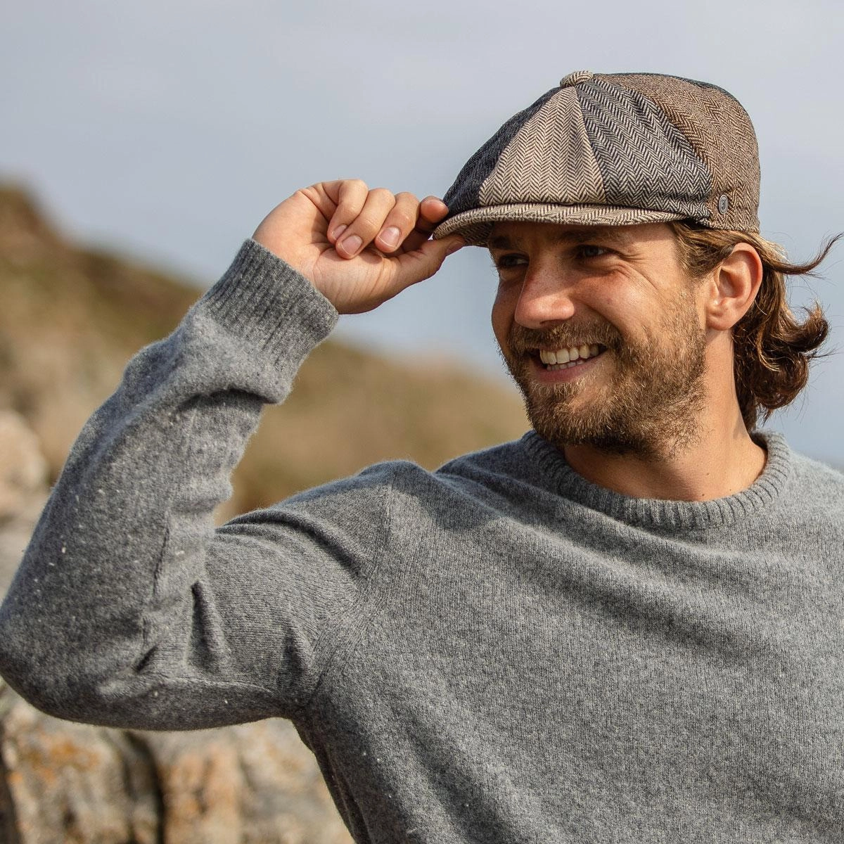 Herringbone Patchwork Wool Blend Newsboy Cap