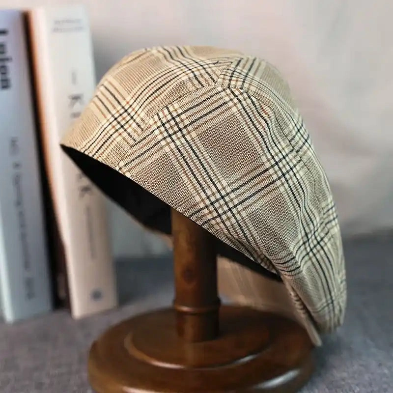 Idaho Beige Tartan Linen Flat Cap
