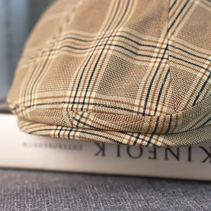 Idaho Beige Tartan Linen Flat Cap