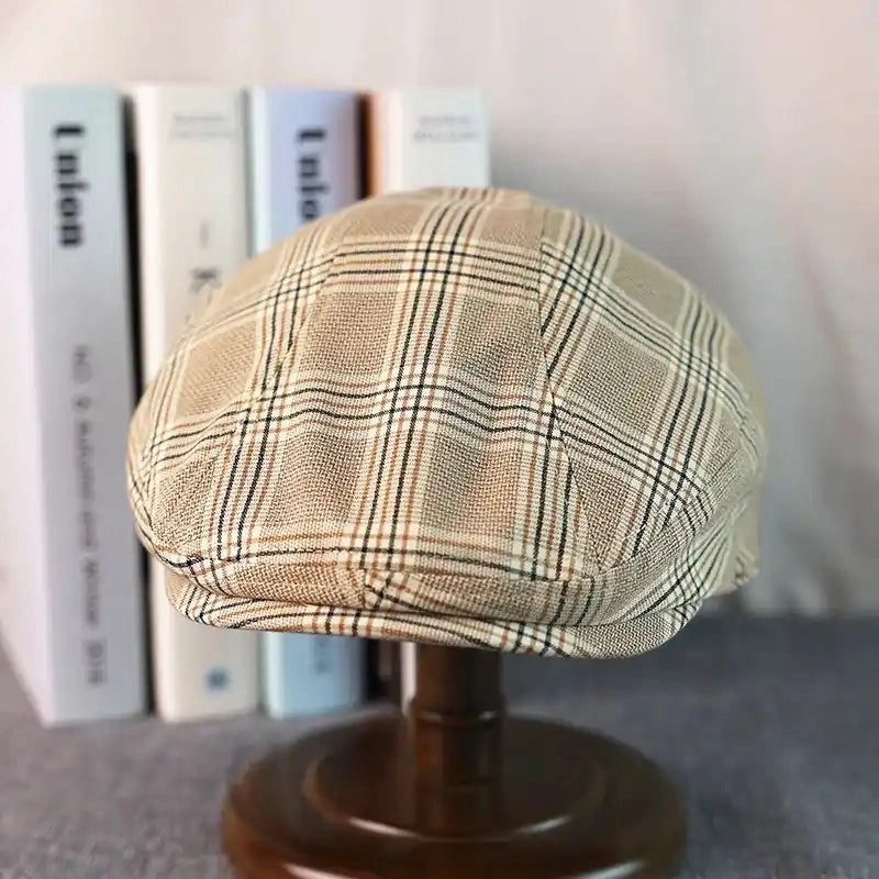 Idaho Beige Tartan Linen Flat Cap