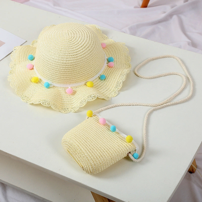 Kids Cool Hat Beaded Bag Sun Hat Girls' Summer Beach Wave Straw Wholesale