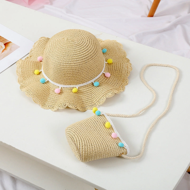 Kids Cool Hat Beaded Bag Sun Hat Girls' Summer Beach Wave Straw Wholesale
