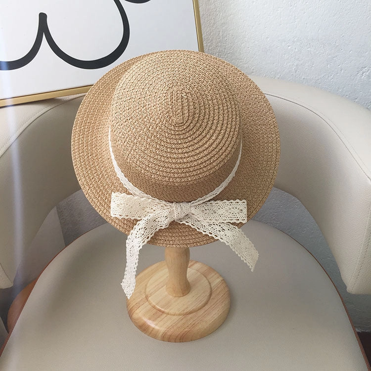 Kids Lace Bow Sun Hat Summer Wide-Brim UV-Protection Beach Hat