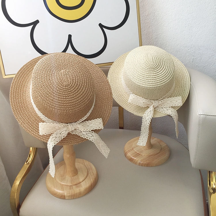Kids Lace Bow Sun Hat Summer Wide-Brim UV-Protection Beach Hat