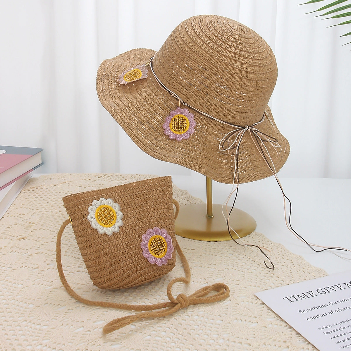 Kids Lace Straw Hat 2-Piece Set Summer Sun Protection
