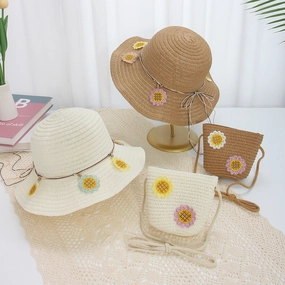 Kids Lace Straw Hat 2-Piece Set Summer Sun Protection