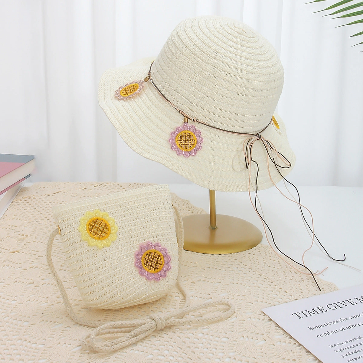 Kids Lace Straw Hat 2-Piece Set Summer Sun Protection