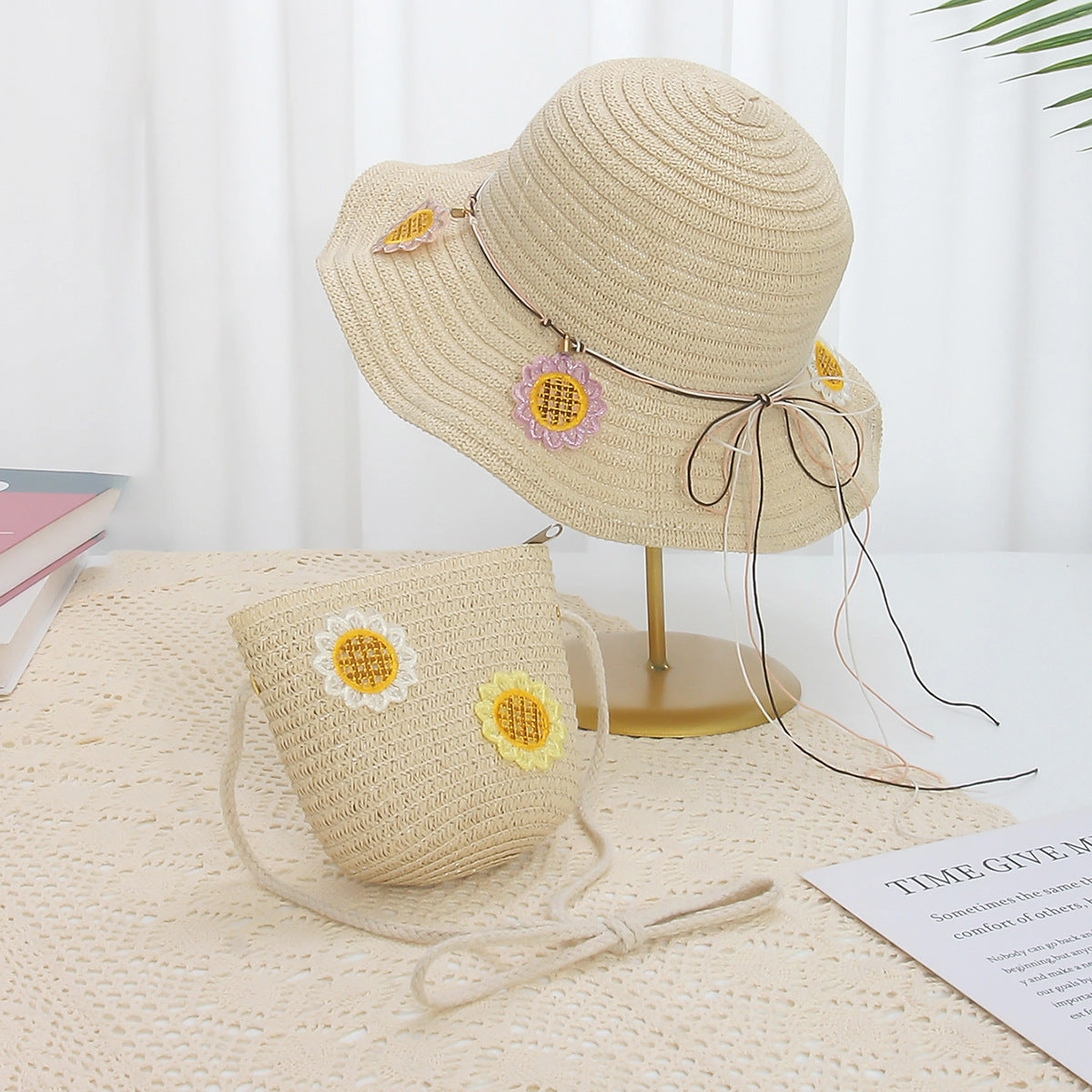 Kids Lace Straw Hat 2-Piece Set Summer Sun Protection