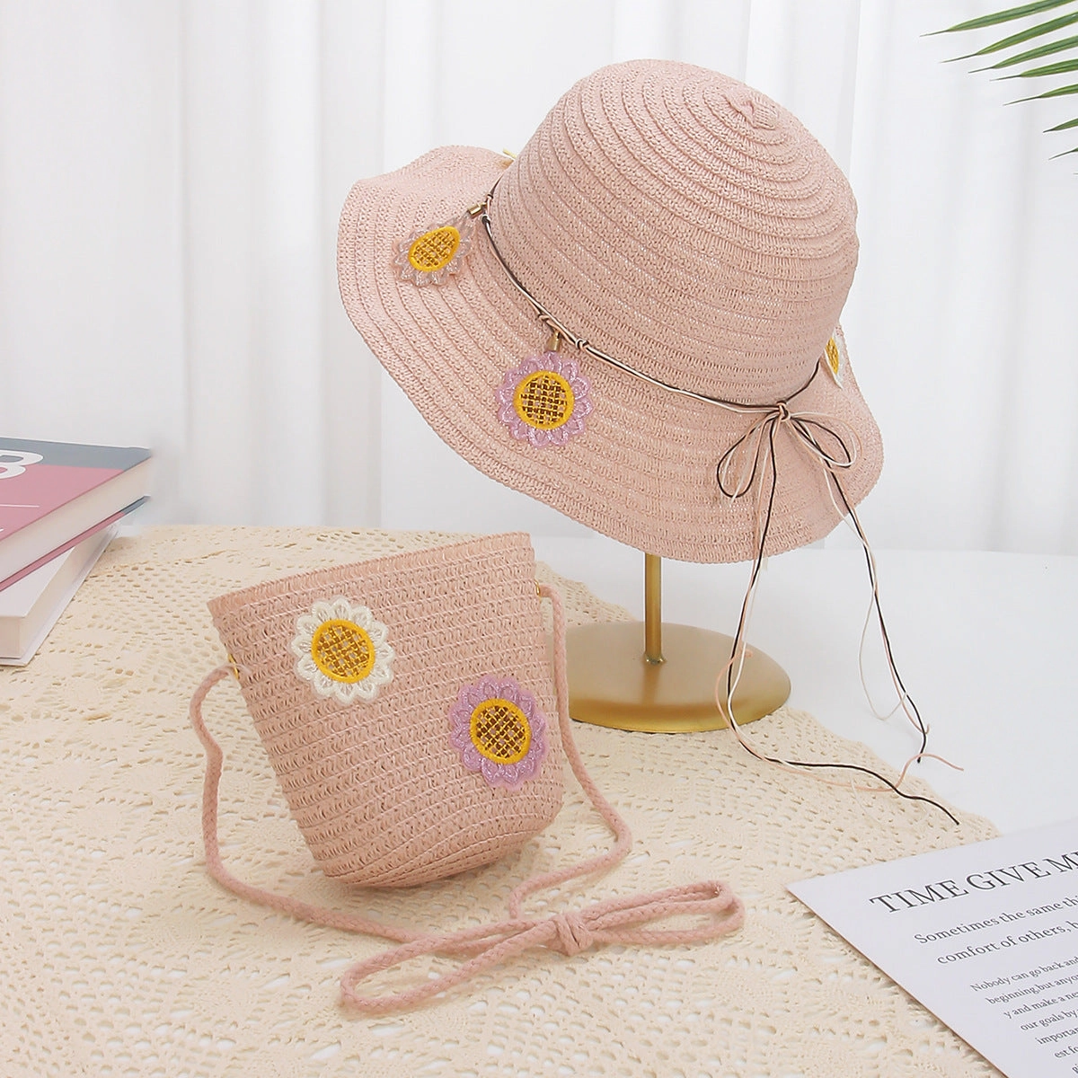 Kids Lace Straw Hat 2-Piece Set Summer Sun Protection