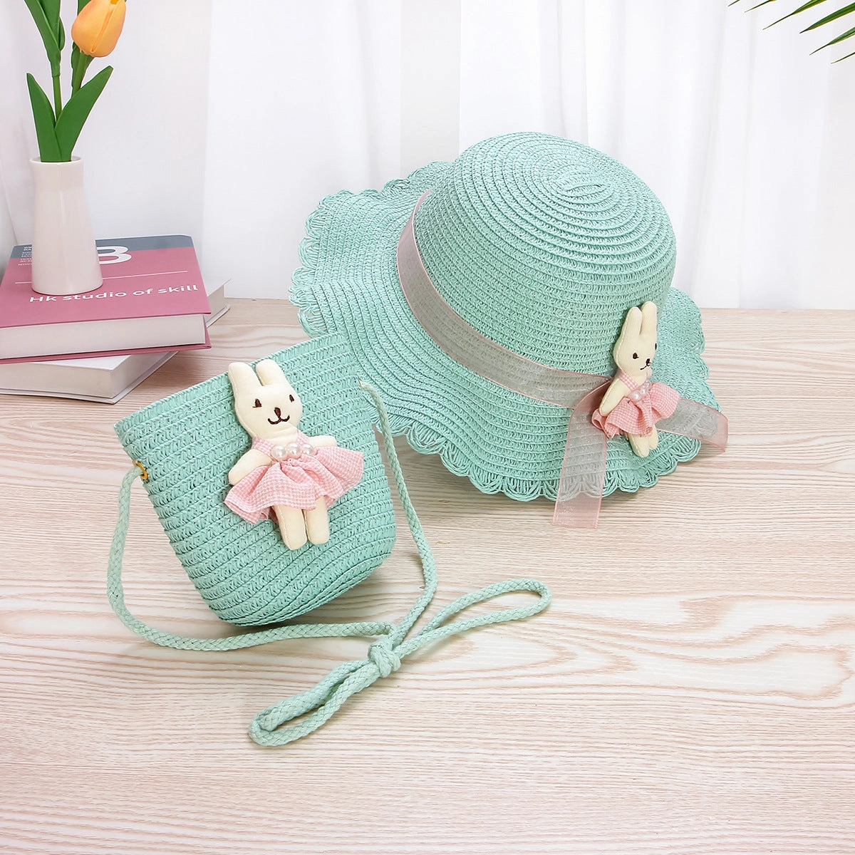 Kids Straw Lace Bow Hat & Bag Set