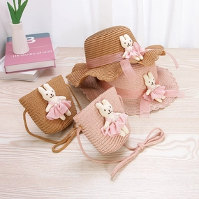 Kids Straw Lace Bow Hat & Bag Set