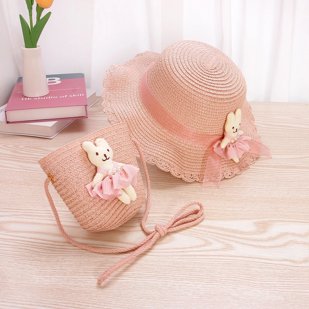 Kids Straw Lace Bow Hat & Bag Set