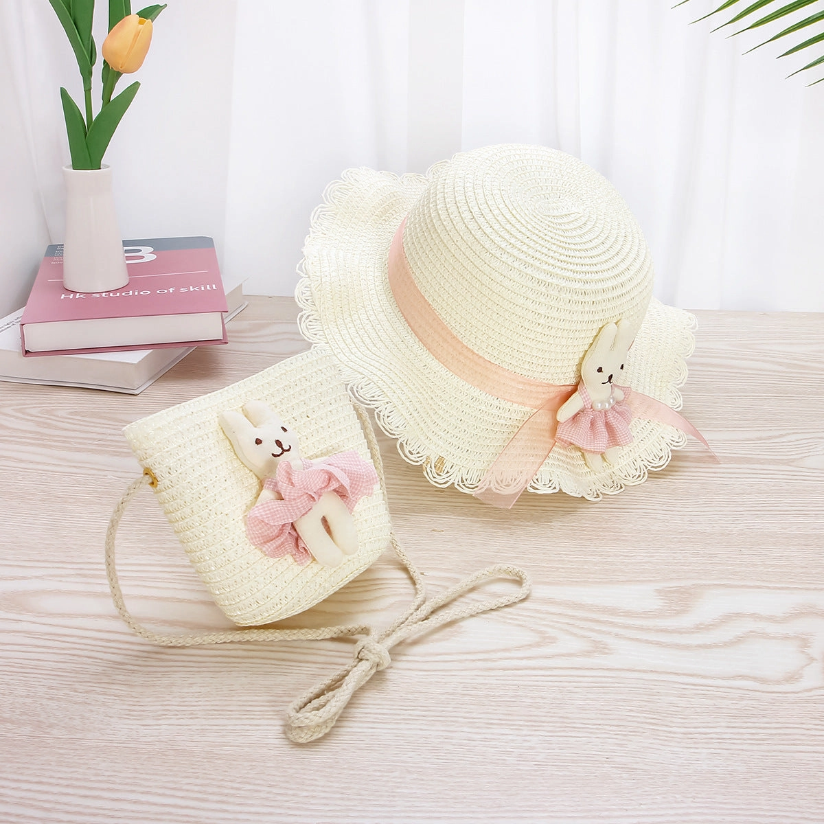 Kids Straw Lace Bow Hat & Bag Set