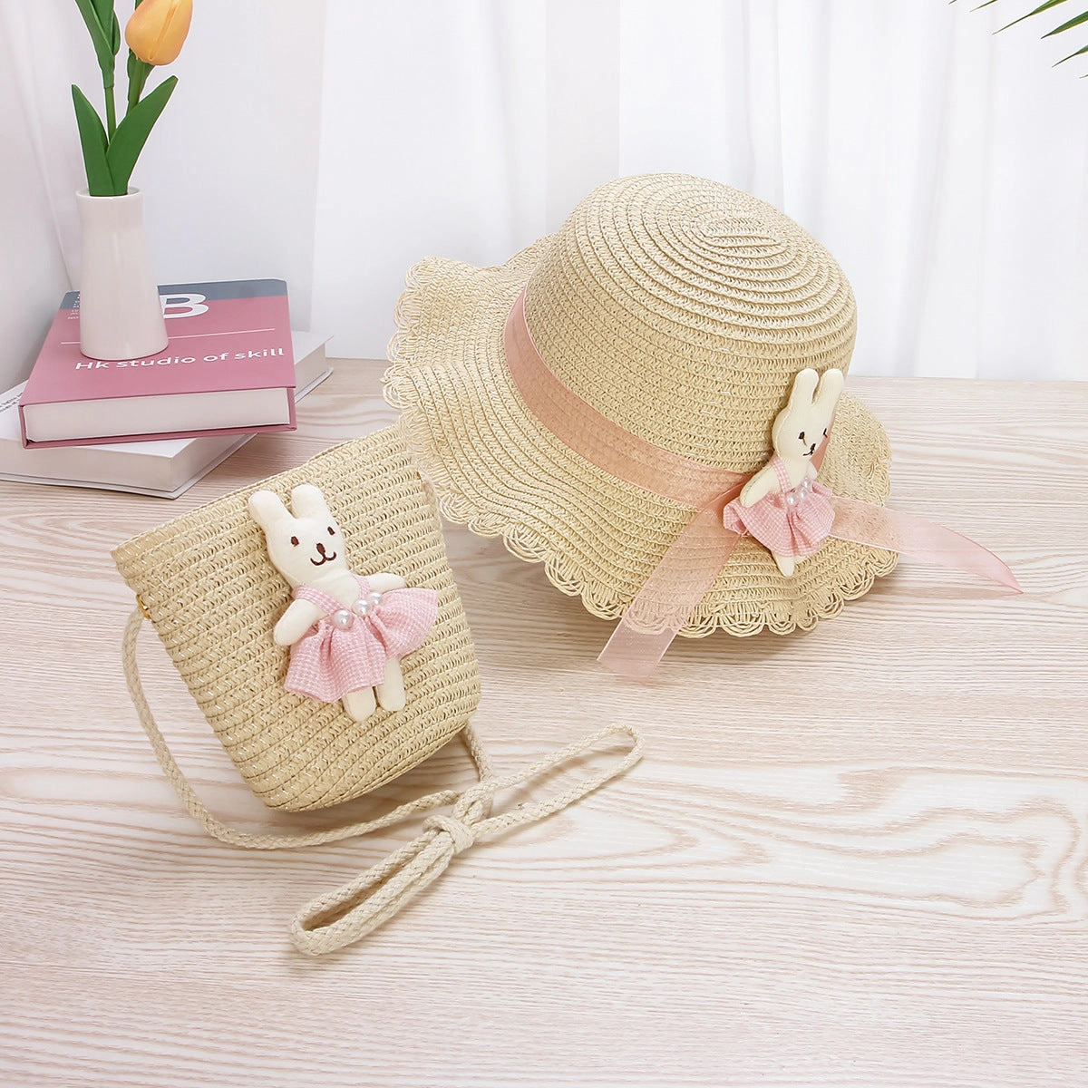 Kids Straw Lace Bow Hat & Bag Set