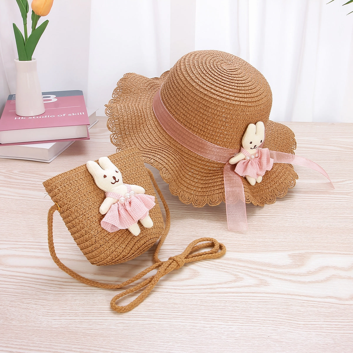 Kids Straw Lace Bow Hat & Bag Set