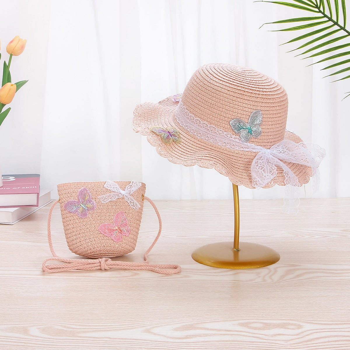 Kids Straw Sun Hat Lace Bow