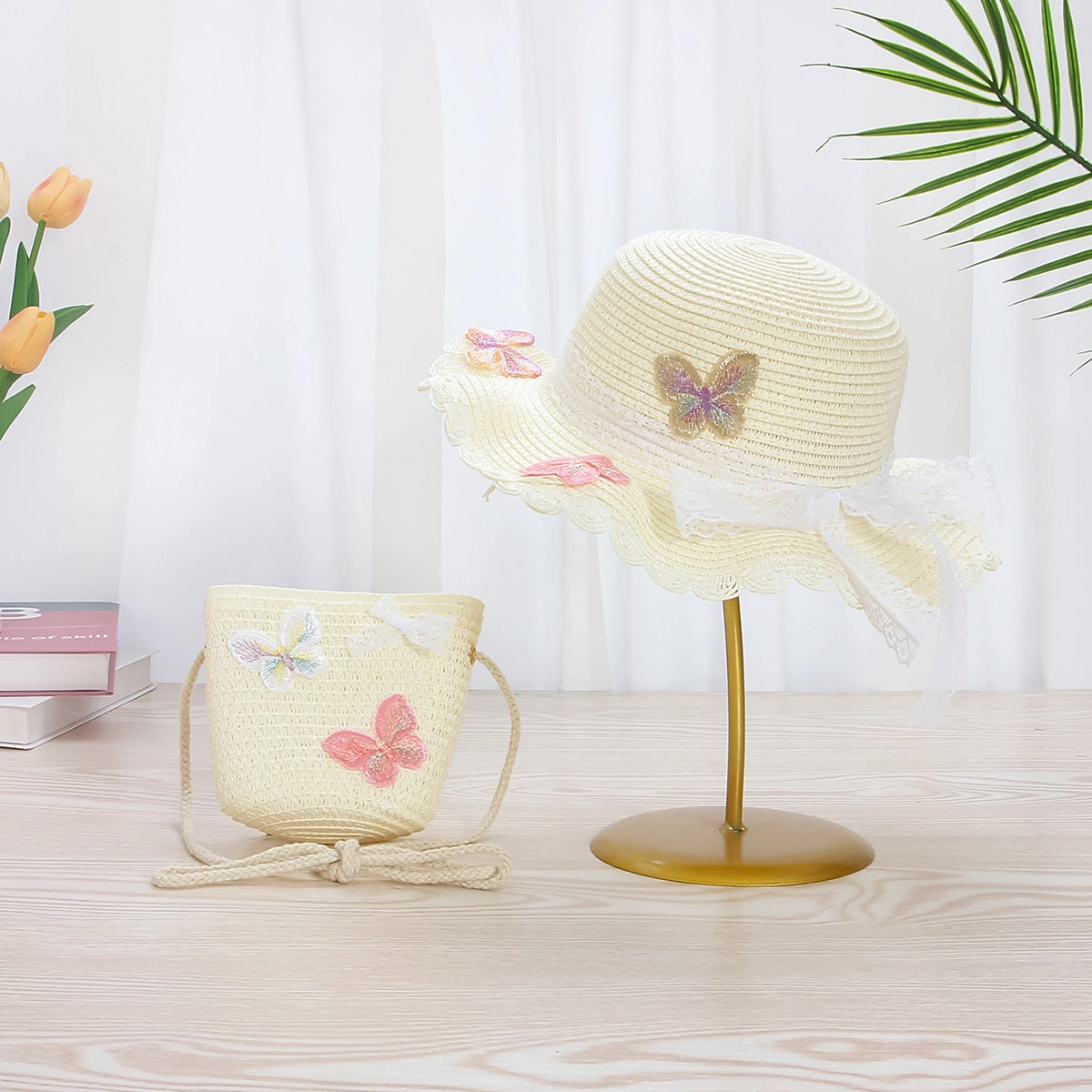 Kids Straw Sun Hat Lace Bow