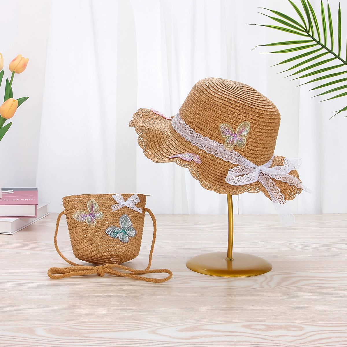 Kids Straw Sun Hat Lace Bow