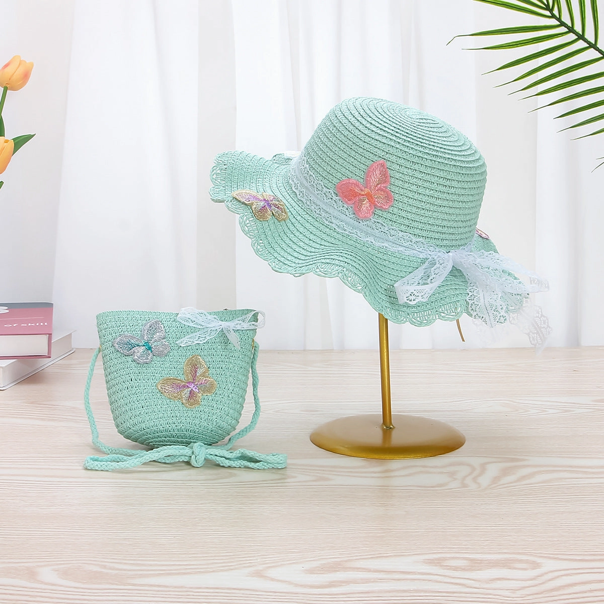 Kids Straw Sun Hat Lace Bow