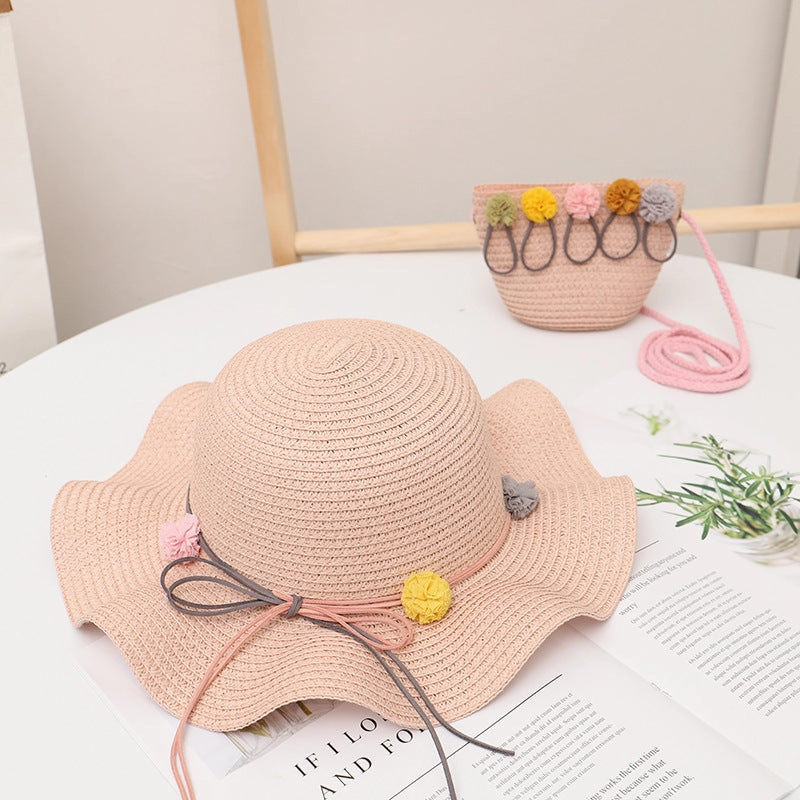 Kids Sun Hat Girls' Summer New Straw Bag Set UV Sun Princess Baby