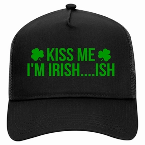 Kiss Me Im Irish Ish Funny St Patricks Day Retro Adult 5 Panel Mesh Trucker Hat