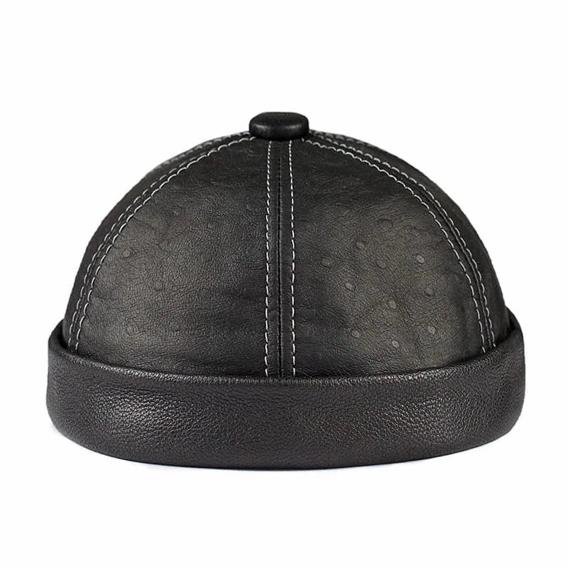 Knurled Black Genuine Leather Docker Cap