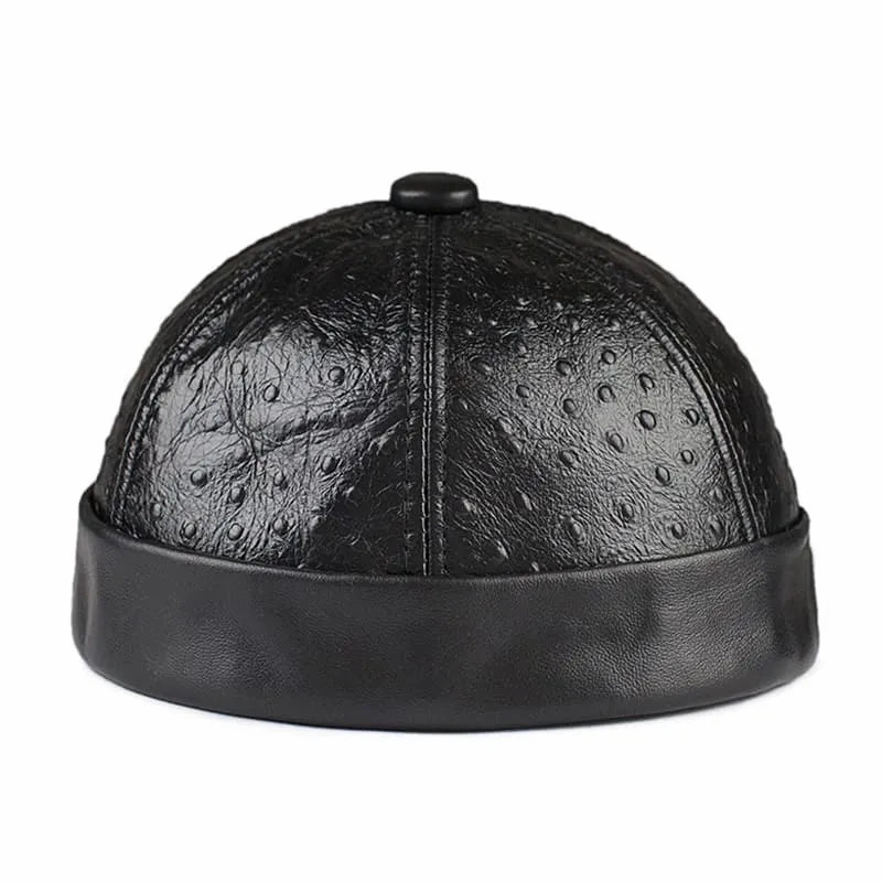 Knurled Black Genuine Leather Docker Cap