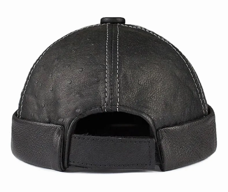 Knurled Black Genuine Leather Docker Cap