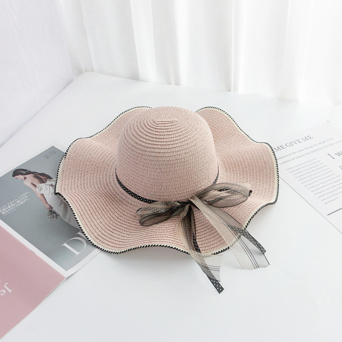 Korean Bow Wide Brim Straw Hat