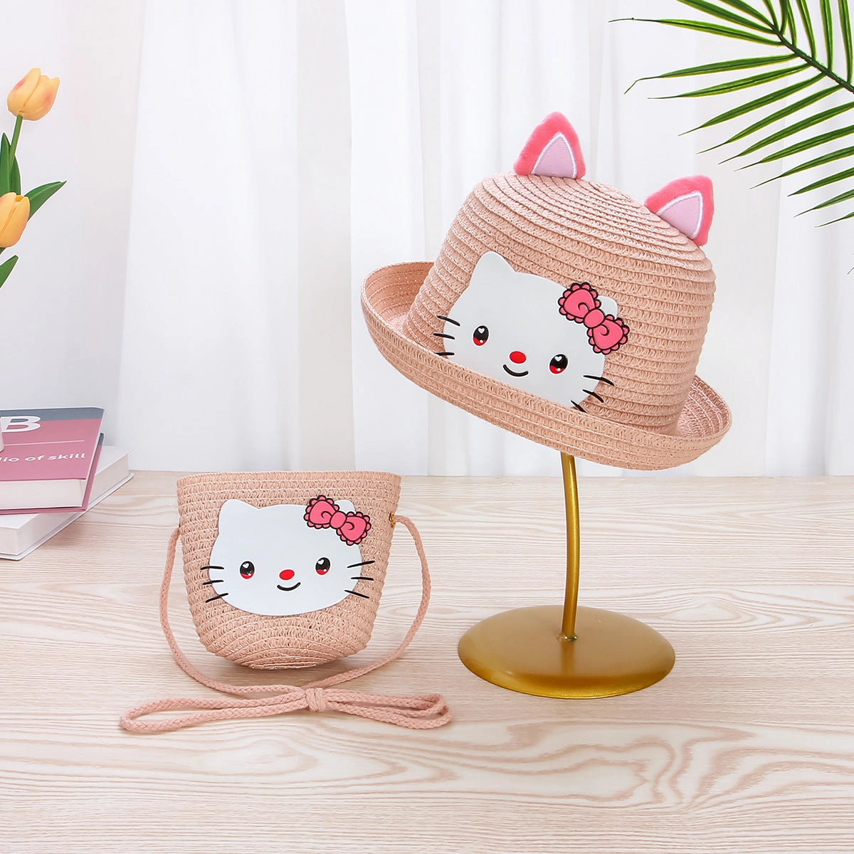 Lace Bow Straw Hat Kids 2-Piece Set