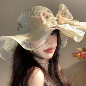Lace Bow Wide-Brim Hat