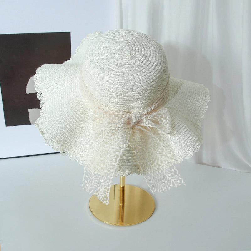Lace Bow Wide Brim Straw Hat