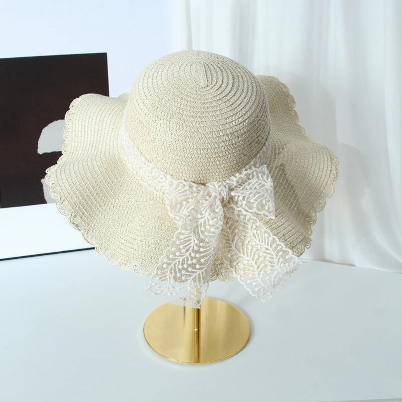 Lace Bow Wide Brim Straw Hat