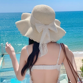 Lace Bow Wide Brim Straw Hat