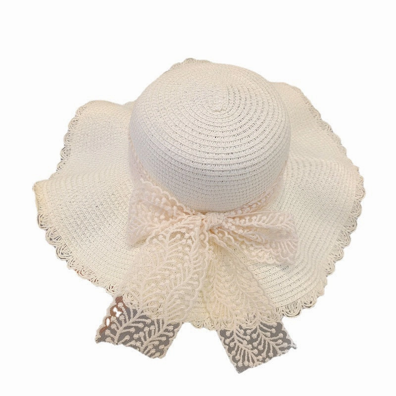 Lace Bow Wide Brim Straw Hat