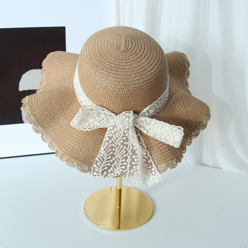 Lace Bow Wide Brim Straw Hat