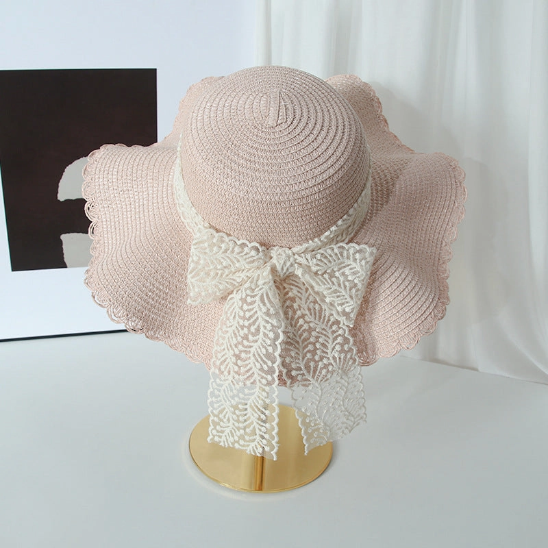 Lace Bow Wide Brim Straw Hat