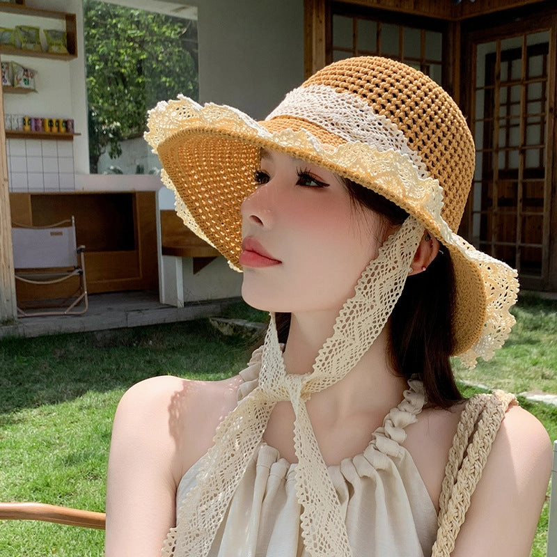 Lace Foldable Wide Brim Straw Hat