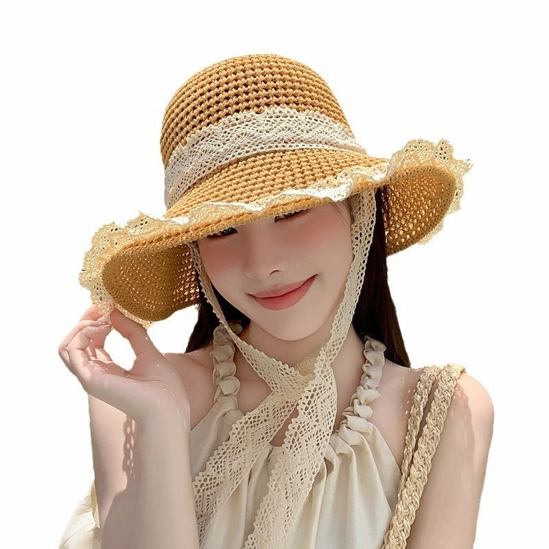 Lace Foldable Wide Brim Straw Hat