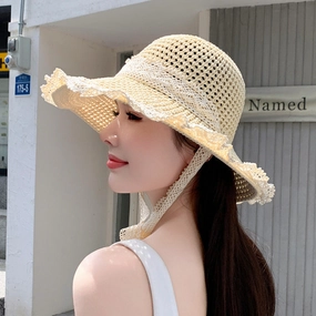 Lace Foldable Wide Brim Straw Hat
