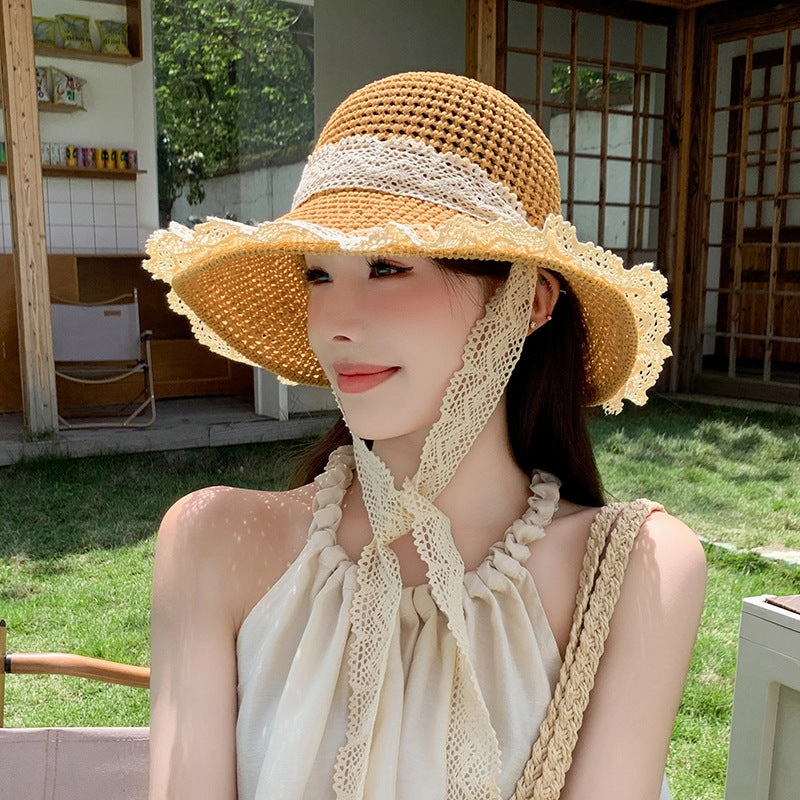 Lace Foldable Wide Brim Straw Hat